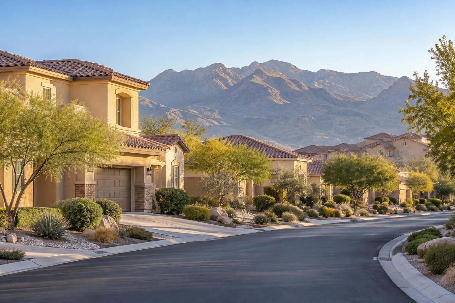 A quiet Las Vegas street of stucco homes with desert landscaping, illustrative