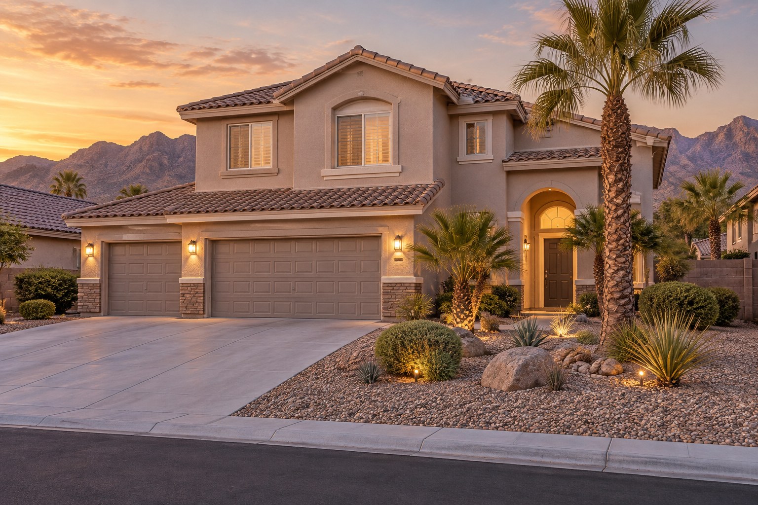 A single story stucco home with desert landscaping in warm evening light, illustrative