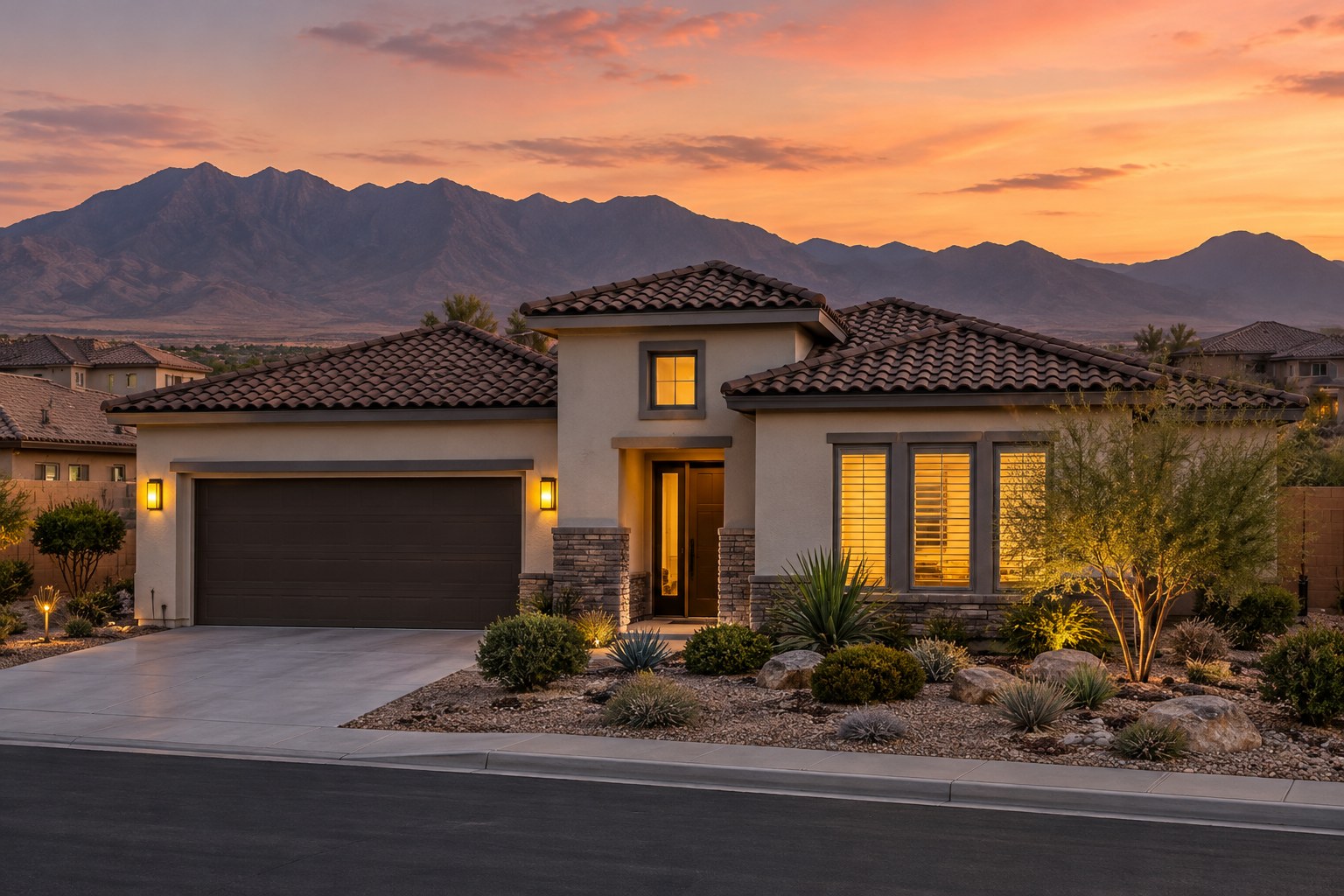 A stucco home at dusk, illustrative