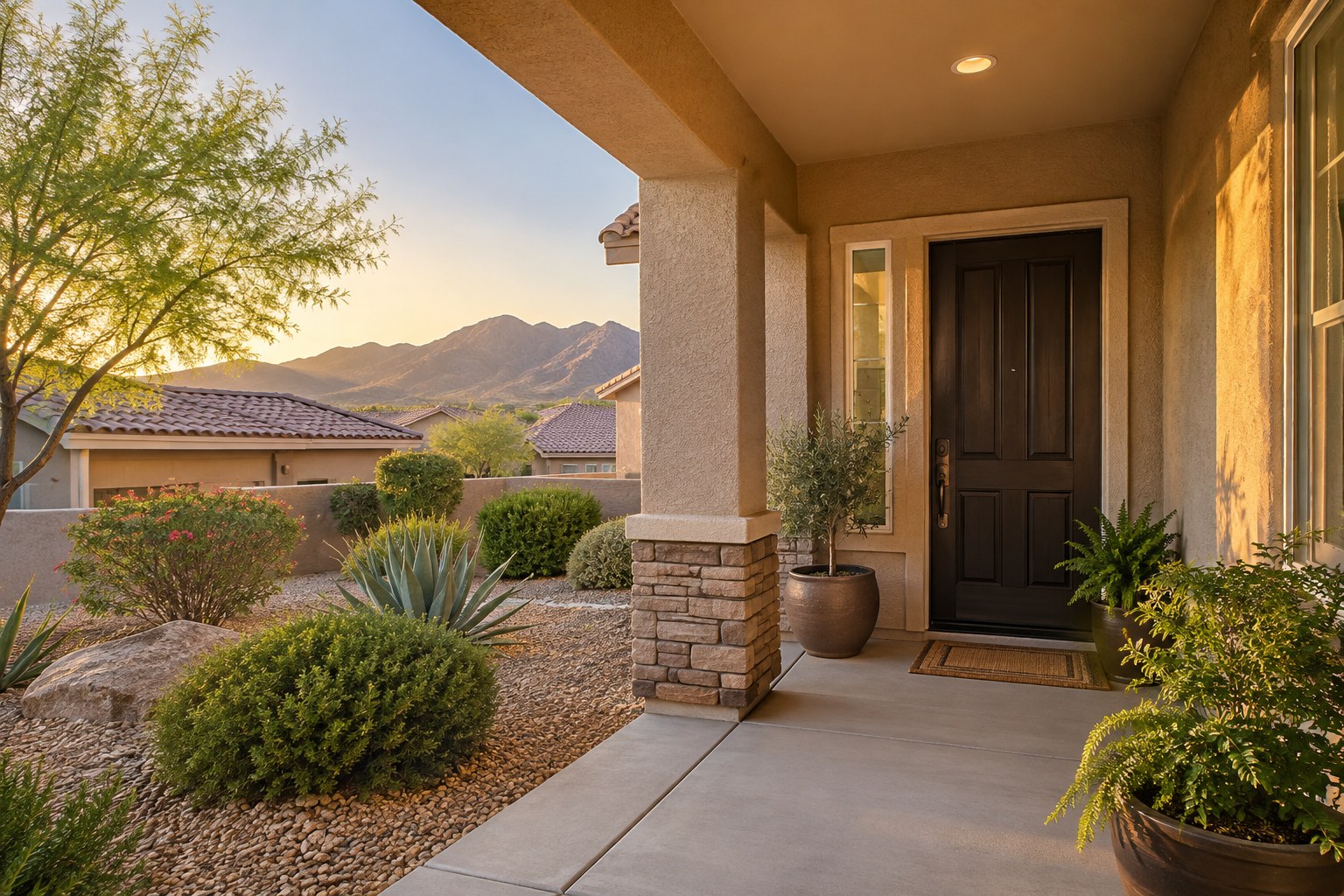 A covered front entry of a stucco home, illustrative